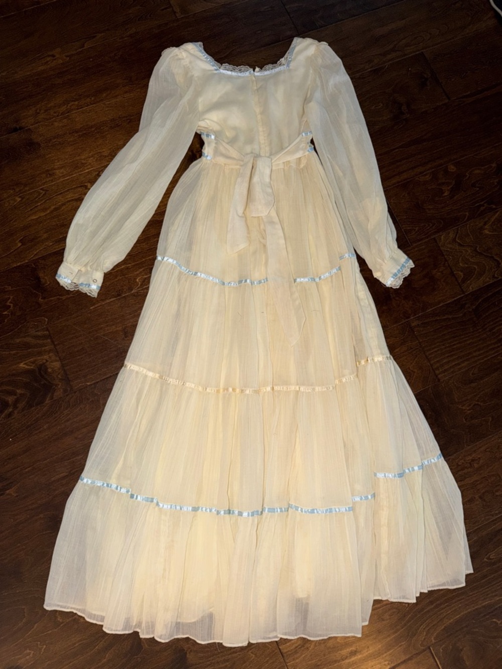 Gunne Sax Vintage 70s Ivory Maxi Dress with Light Blue Trim - Picture 3 of 6